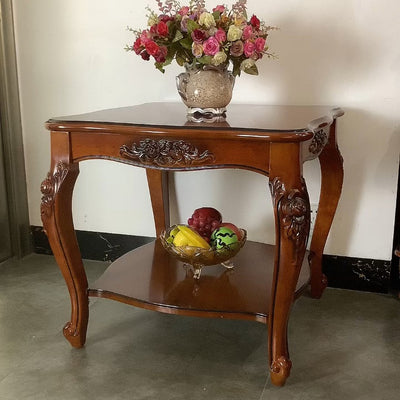 Table d'appoint carrée en bois massif sculpté chinois traditionnel à 2 niveaux pour salon 