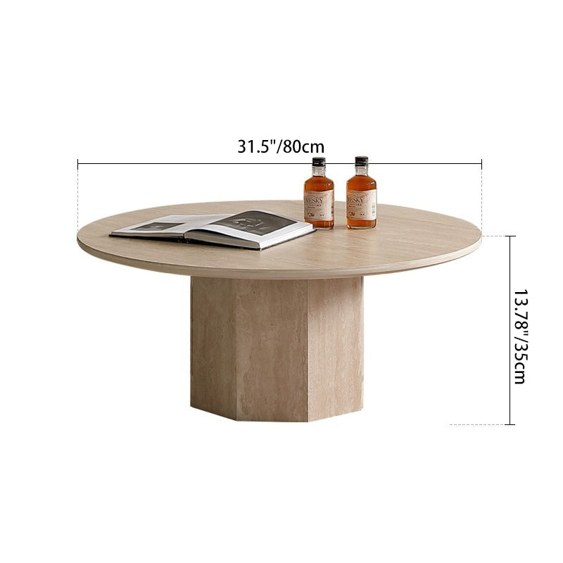 Traditional Vintage Round Hexagonal Rock Slab Wood End Table 1-Tier For Living Room
