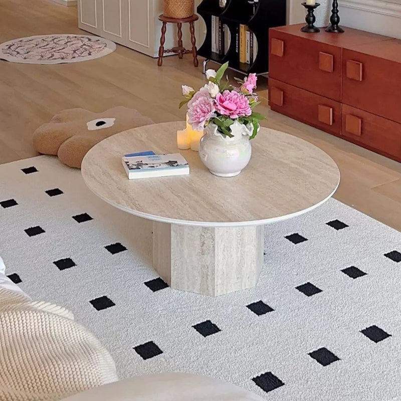 Traditional Vintage Round Hexagonal Rock Slab Wood End Table 1-Tier For Living Room