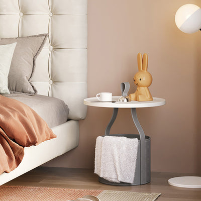 Contemporary Scandinavian Round Cylinder Drum Stainless Steel Sheet Saddle Leather Metal End Table 1-Tier For Living Room