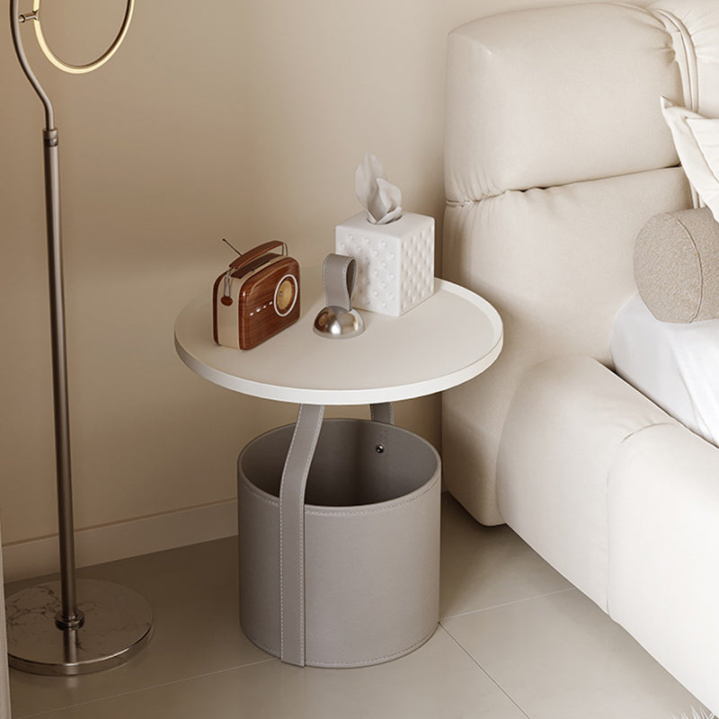 Contemporary Scandinavian Round Cylinder Drum Stainless Steel Sheet Saddle-Style Faux Leather Metal End Table 1-Tier For Living Room