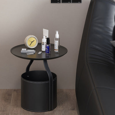 Contemporary Scandinavian Round Cylinder Drum Stainless Steel Sheet Saddle Leather Metal End Table 1-Tier For Living Room