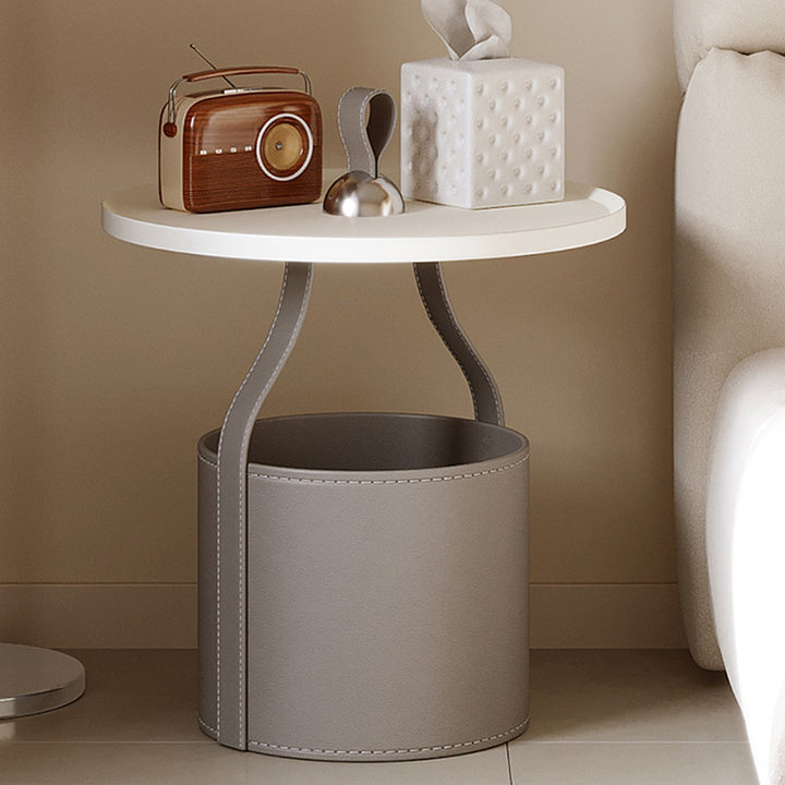 Contemporary Scandinavian Round Cylinder Drum Stainless Steel Sheet Saddle-Style Faux Leather Metal End Table 1-Tier For Living Room