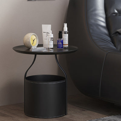 Contemporary Scandinavian Round Cylinder Drum Stainless Steel Sheet Saddle Leather Metal End Table 1-Tier For Living Room