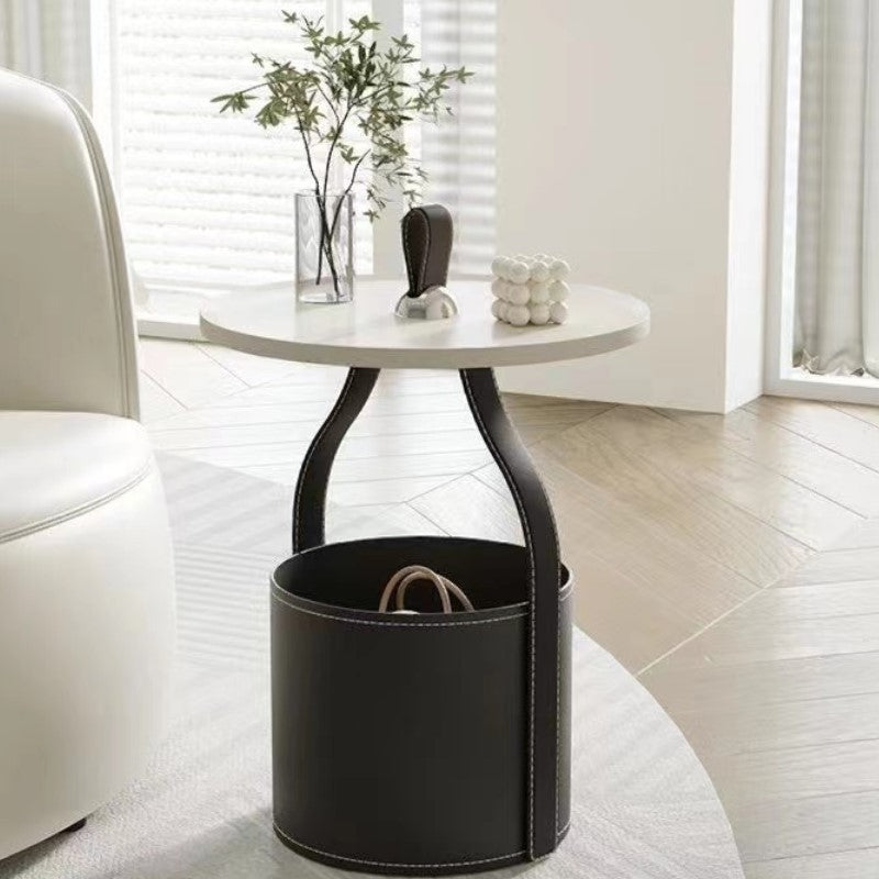 Contemporary Scandinavian Round Cylinder Drum Stainless Steel Sheet Saddle Leather Metal End Table 1-Tier For Living Room