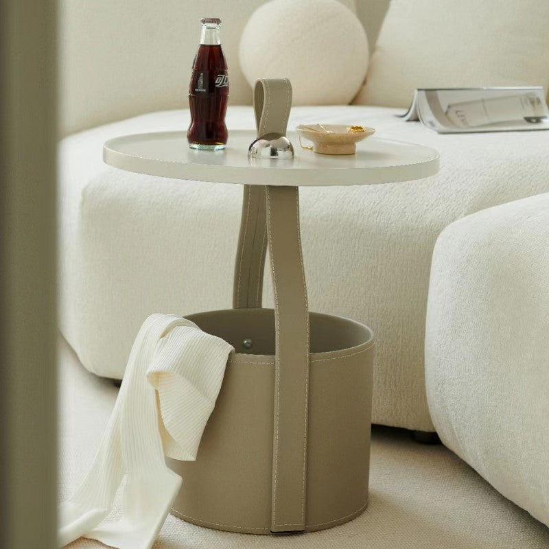Contemporary Scandinavian Round Cylinder Drum Stainless Steel Sheet Saddle Leather Metal End Table 1-Tier For Living Room