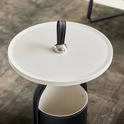Contemporary Scandinavian Round Cylinder Drum Stainless Steel Sheet Saddle Leather Metal End Table 1-Tier For Living Room