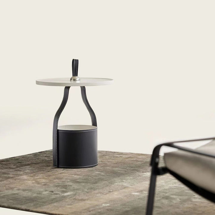 Contemporary Scandinavian Round Cylinder Drum Stainless Steel Sheet Saddle-Style Faux Leather Metal End Table 1-Tier For Living Room
