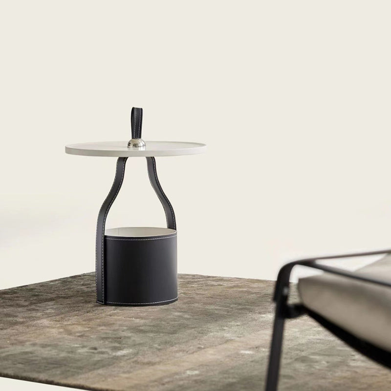 Contemporary Scandinavian Round Cylinder Drum Stainless Steel Sheet Saddle Leather Metal End Table 1-Tier For Living Room