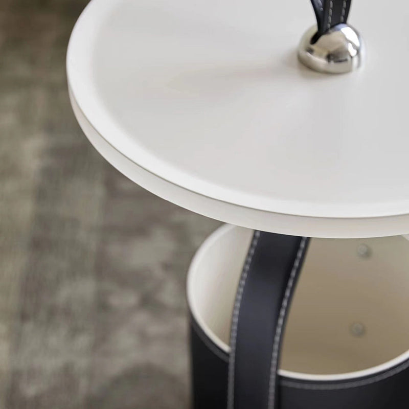 Contemporary Scandinavian Round Cylinder Drum Stainless Steel Sheet Saddle Leather Metal End Table 1-Tier For Living Room