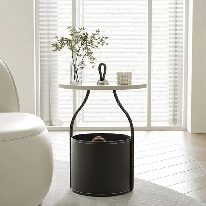 Contemporary Scandinavian Round Cylinder Drum Stainless Steel Sheet Saddle-Style Faux Leather Metal End Table 1-Tier For Living Room