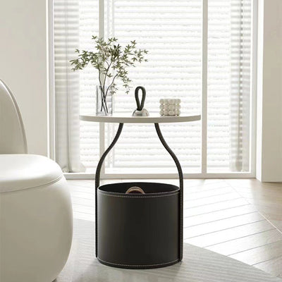 Contemporary Scandinavian Round Cylinder Drum Stainless Steel Sheet Saddle Leather Metal End Table 1-Tier For Living Room