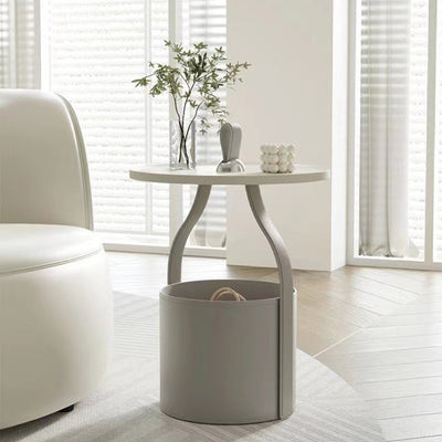 Contemporary Scandinavian Round Cylinder Drum Stainless Steel Sheet Saddle Leather Metal End Table 1-Tier For Living Room