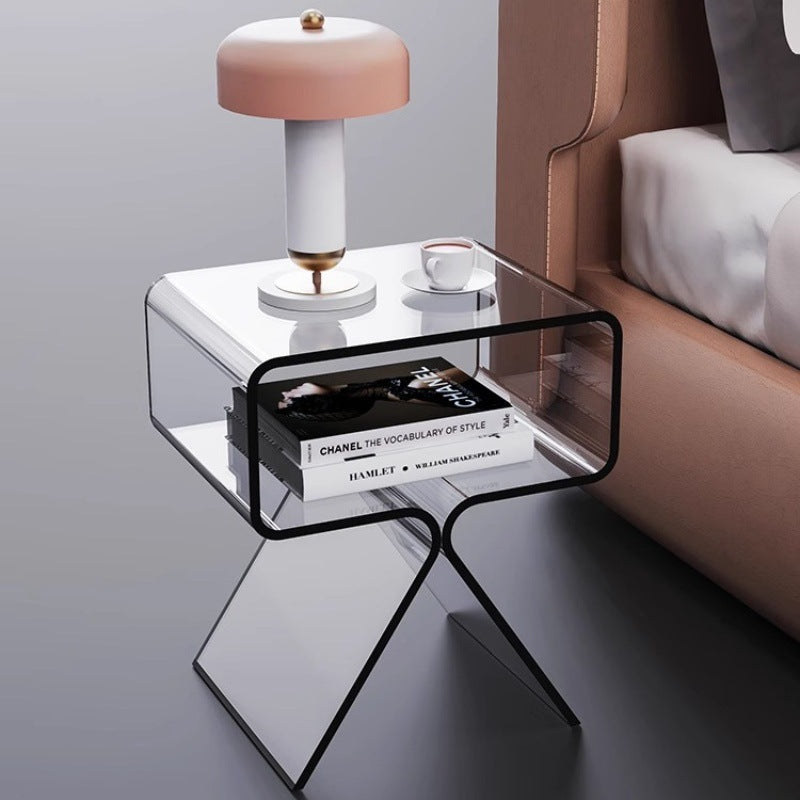 Zeitgenössischer skandinavischer quadratischer Split-Support-Acryl-Beistelltisch mit 2 Ebenen für das Wohnzimmer 