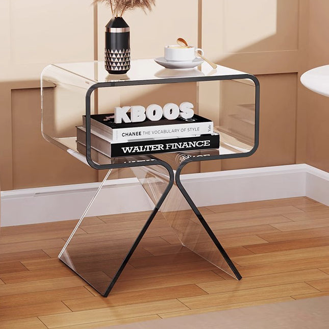 Zeitgenössischer skandinavischer quadratischer Split-Support-Acryl-Beistelltisch mit 2 Ebenen für das Wohnzimmer 