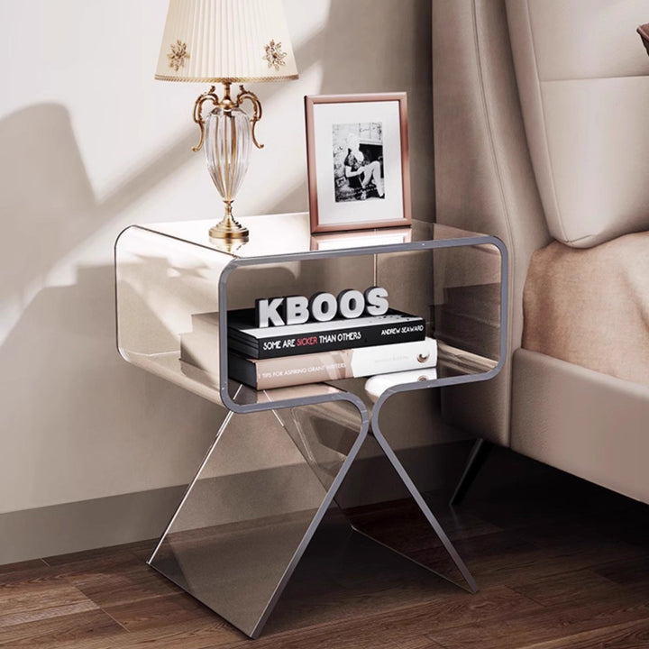 Zeitgenössischer skandinavischer quadratischer Split-Support-Acryl-Beistelltisch mit 2 Ebenen für das Wohnzimmer 