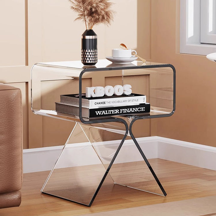 Zeitgenössischer skandinavischer quadratischer Split-Support-Acryl-Beistelltisch mit 2 Ebenen für das Wohnzimmer 