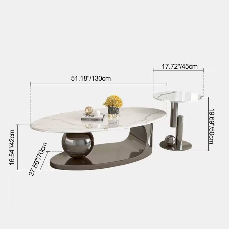 Contemporary Scandinavian Oval Round Orb Rock Slab Metal End Table 1-Tier For Living Room