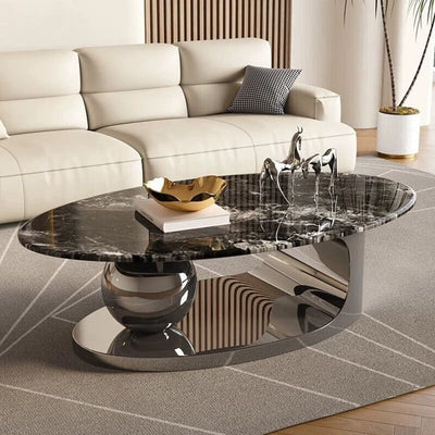 Contemporary Scandinavian Oval Round Orb Rock Slab Metal End Table 1-Tier For Living Room