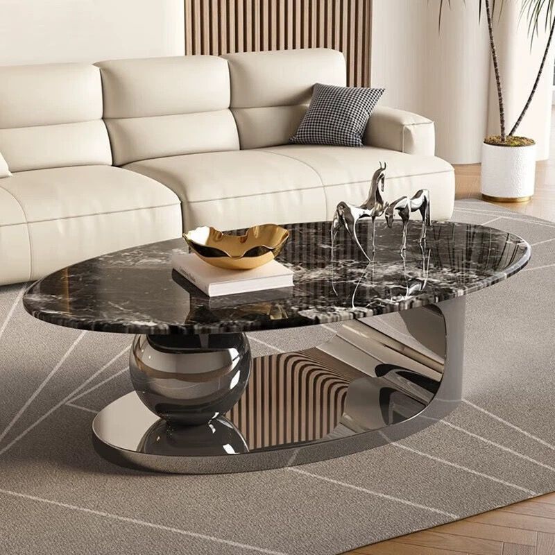 Contemporary Scandinavian Oval Round Orb Rock Slab Metal End Table 1-Tier For Living Room