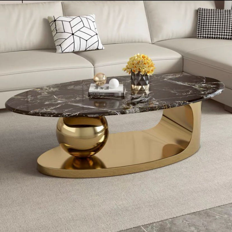 Contemporary Scandinavian Oval Round Orb Rock Slab Metal End Table 1-Tier For Living Room