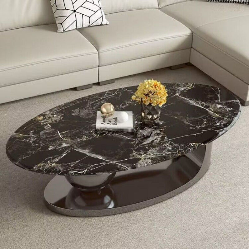 Contemporary Scandinavian Oval Round Orb Rock Slab Metal End Table 1-Tier For Living Room