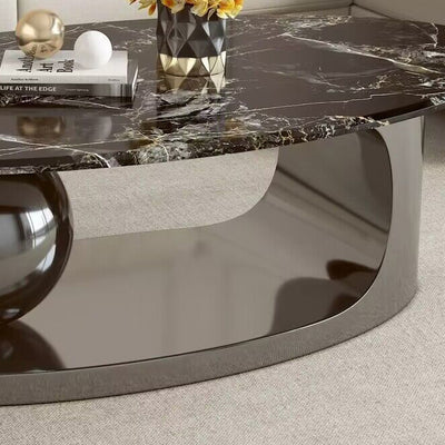 Contemporary Scandinavian Oval Round Orb Rock Slab Metal End Table 1-Tier For Living Room