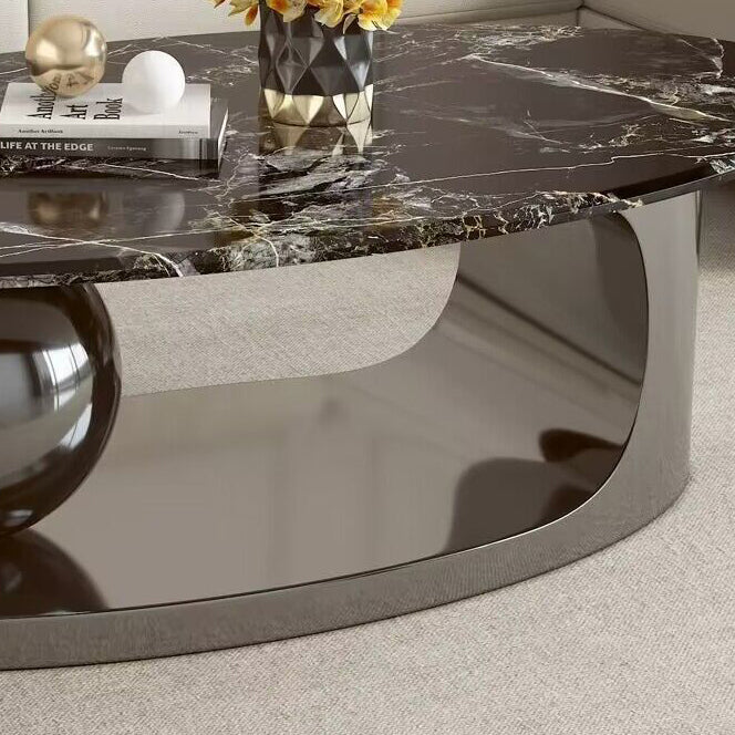 Contemporary Scandinavian Oval Round Orb Rock Slab Metal End Table 1-Tier For Living Room