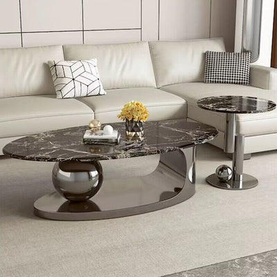 Contemporary Scandinavian Oval Round Orb Rock Slab Metal End Table 1-Tier For Living Room