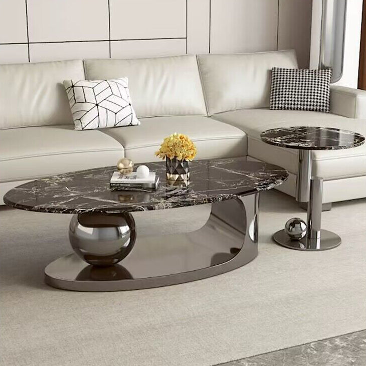 Contemporary Scandinavian Oval Round Orb Rock Slab Metal End Table 1-Tier For Living Room