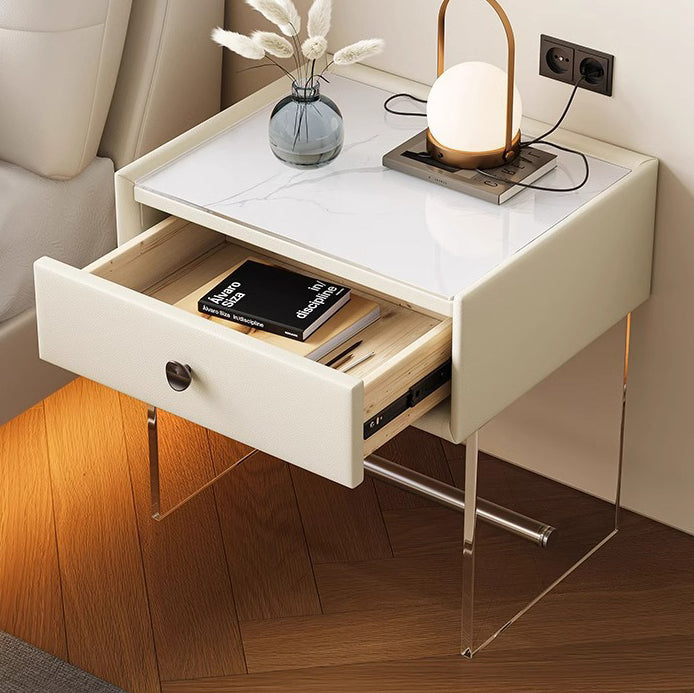 Table de chevet moderne minimaliste rectangulaire en verre renforcé, cuir, bois, acrylique, acier inoxydable avec 1 tiroir pour le côté du lit 