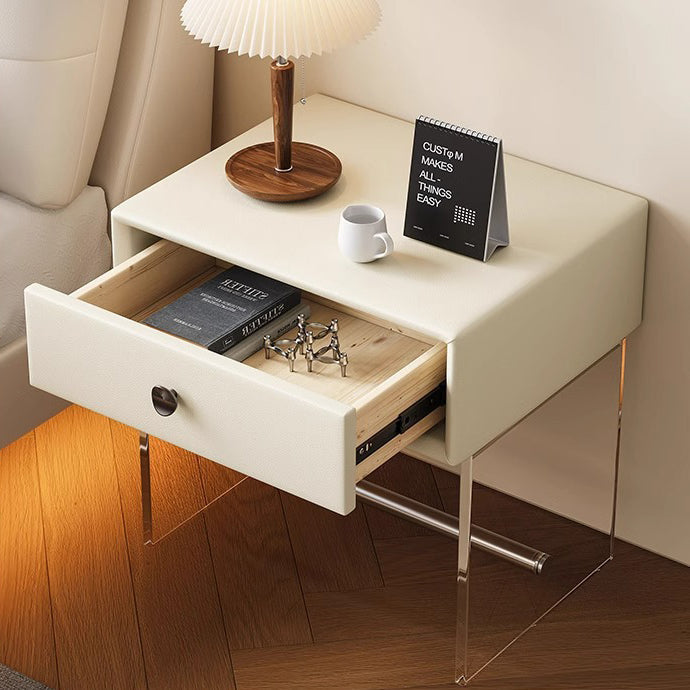 Table de chevet moderne minimaliste rectangulaire en verre renforcé, cuir, bois, acrylique, acier inoxydable avec 1 tiroir pour le côté du lit 