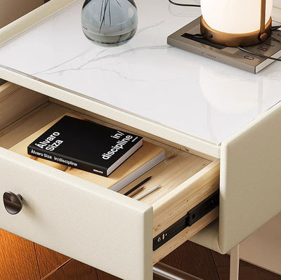 Table de chevet moderne minimaliste rectangulaire en verre renforcé, cuir, bois, acrylique, acier inoxydable avec 1 tiroir pour le côté du lit 