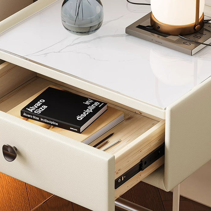 Table de chevet moderne minimaliste rectangulaire en verre renforcé, cuir, bois, acrylique, acier inoxydable avec 1 tiroir pour le côté du lit 