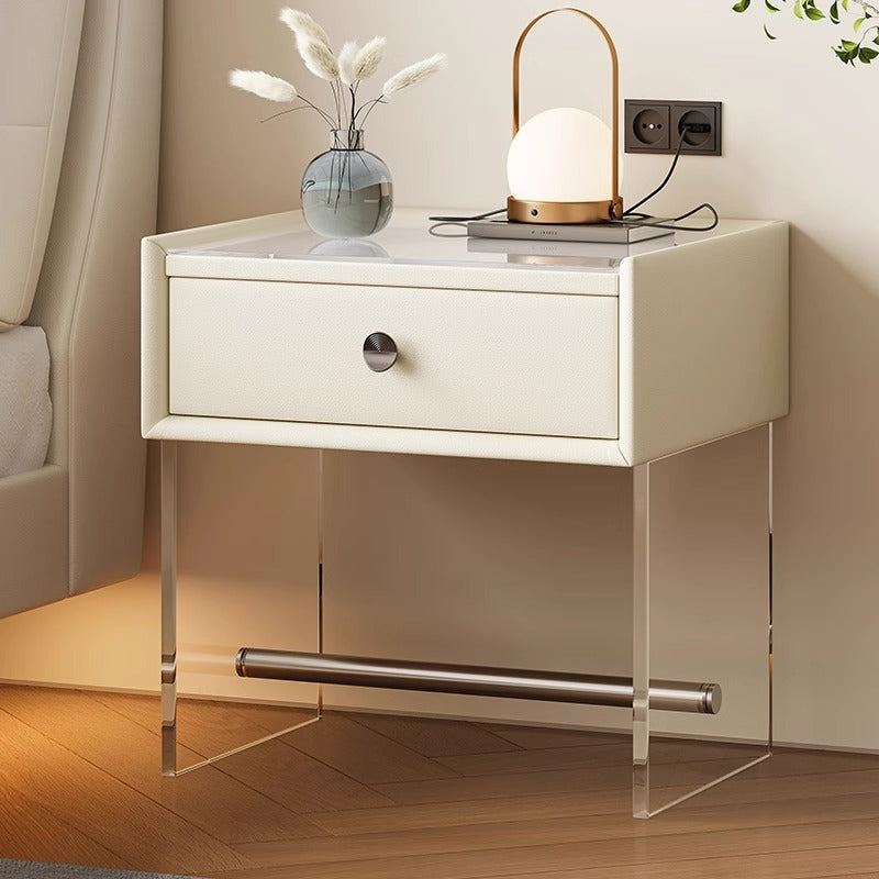 Table de chevet moderne minimaliste rectangulaire en verre renforcé, cuir, bois, acrylique, acier inoxydable avec 1 tiroir pour le côté du lit 