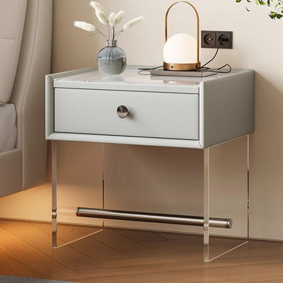 Table de chevet moderne minimaliste rectangulaire en verre renforcé, cuir, bois, acrylique, acier inoxydable avec 1 tiroir pour le côté du lit 
