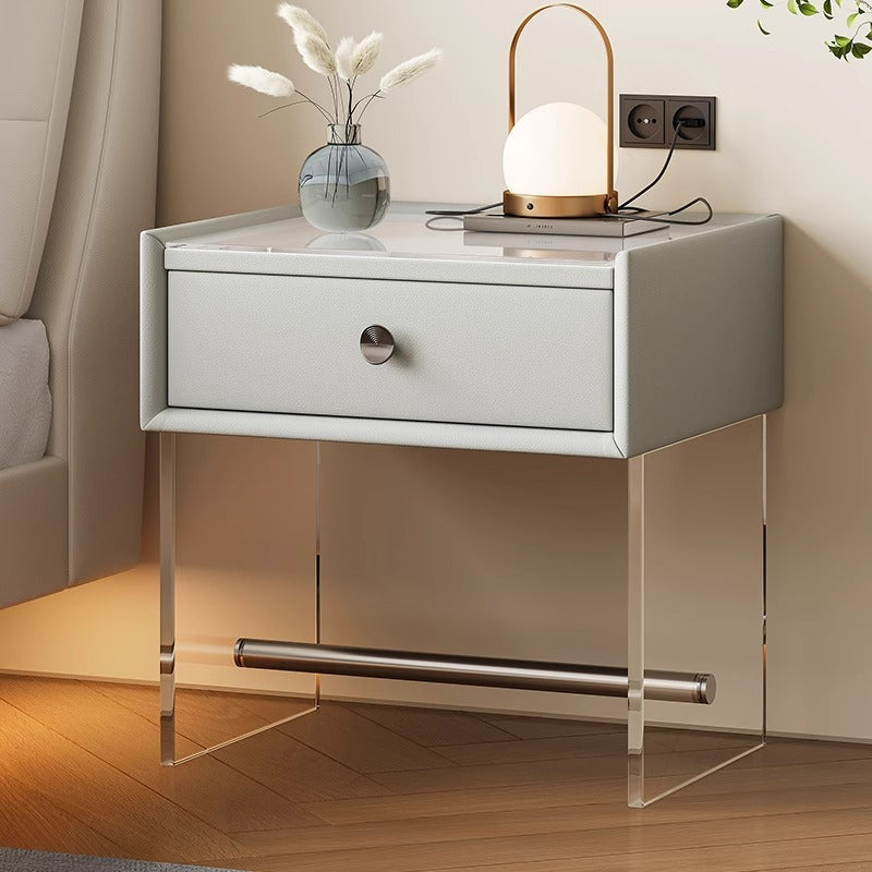 Table de chevet moderne minimaliste rectangulaire en verre renforcé, cuir, bois, acrylique, acier inoxydable avec 1 tiroir pour le côté du lit 