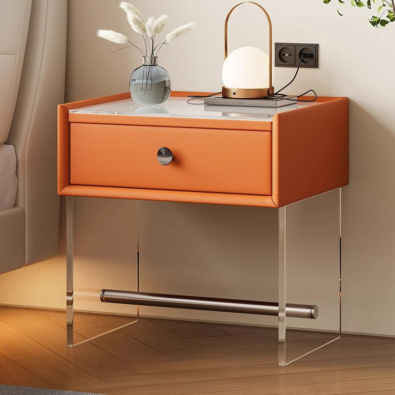 Table de chevet moderne minimaliste rectangulaire en verre renforcé, cuir, bois, acrylique, acier inoxydable avec 1 tiroir pour le côté du lit 