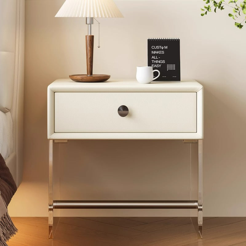 Modern Minimalist Rectangular Reinforced Glass Faux Leather Wood Acrylic Stainless Steel Nightstand 1-Drawer For Bedside