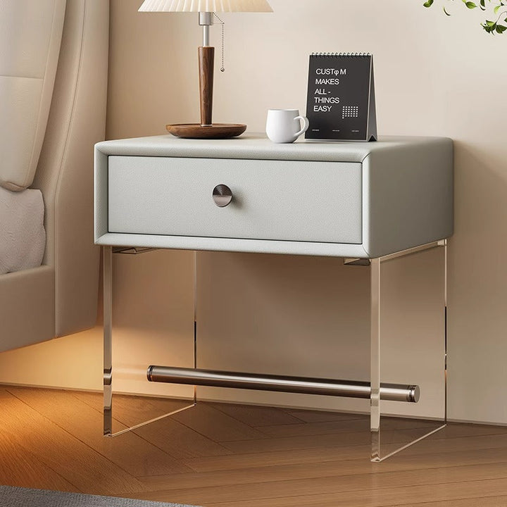 Modern Minimalist Rectangular Reinforced Glass Faux Leather Wood Acrylic Stainless Steel Nightstand 1-Drawer For Bedside