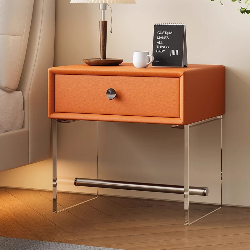 Modern Minimalist Rectangular Reinforced Glass Faux Leather Wood Acrylic Stainless Steel Nightstand 1-Drawer For Bedside