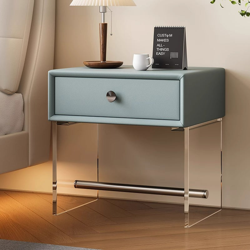 Modern Minimalist Rectangular Reinforced Glass Faux Leather Wood Acrylic Stainless Steel Nightstand 1-Drawer For Bedside