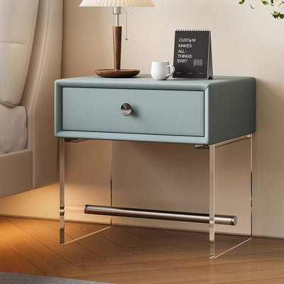 Table de chevet moderne minimaliste rectangulaire en verre renforcé, cuir, bois, acrylique, acier inoxydable avec 1 tiroir pour le côté du lit 