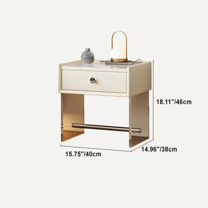 Table de chevet moderne minimaliste rectangulaire en verre renforcé, cuir, bois, acrylique, acier inoxydable avec 1 tiroir pour le côté du lit 
