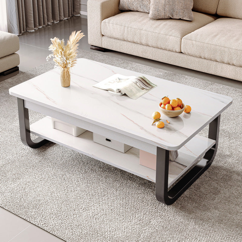 Mesa de Café de Acero Rectangular Minimalista Moderna de 2 Niveles para Sala de Estar 