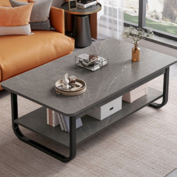 Mesa de Café de Acero Rectangular Minimalista Moderna de 2 Niveles para Sala de Estar 