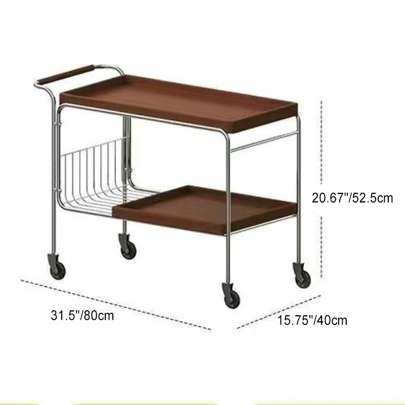 Modern Mid-Century Rectangular Trolley Pine Plywood Iron Side Table 2-Tier Movable For Living Room