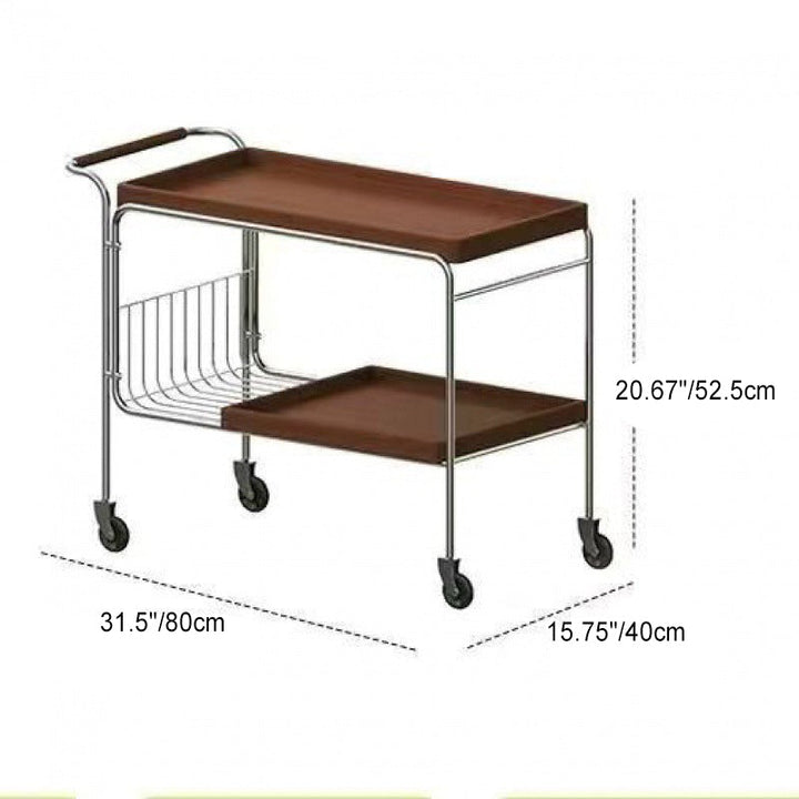 Modern Mid-Century Rectangular Trolley Pine Plywood Iron Side Table 2-Tier Movable For Living Room