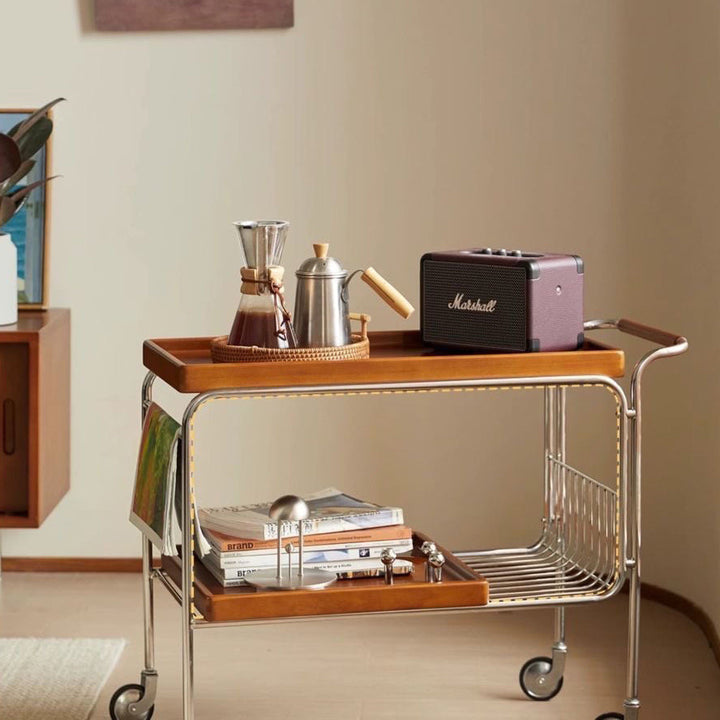 Modern Mid-Century Rectangular Trolley Pine Plywood Iron Side Table 2-Tier Movable For Living Room