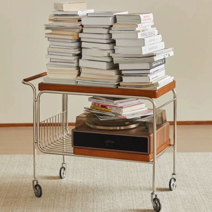 Modern Mid-Century Rectangular Trolley Pine Plywood Iron Side Table 2-Tier Movable For Living Room